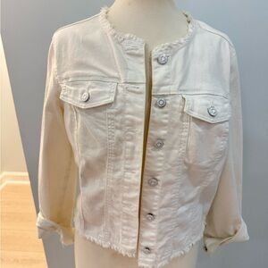 Kensie White Frayed-Edge Denim Jacket